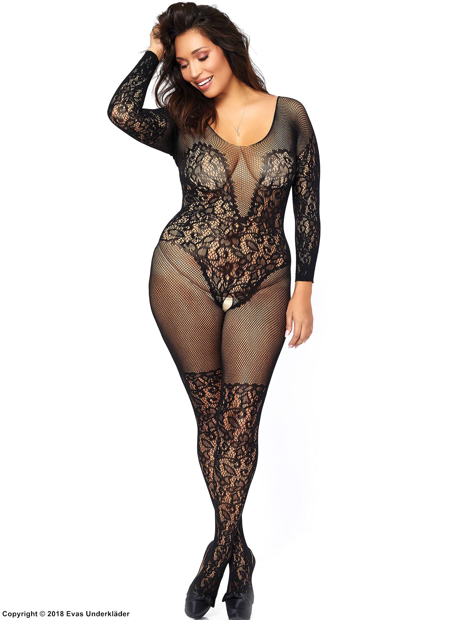 Elegantes Bodystocking, kleines Netz, offener Schritt, Blumenspitze, lange Ärmel, Plus Size